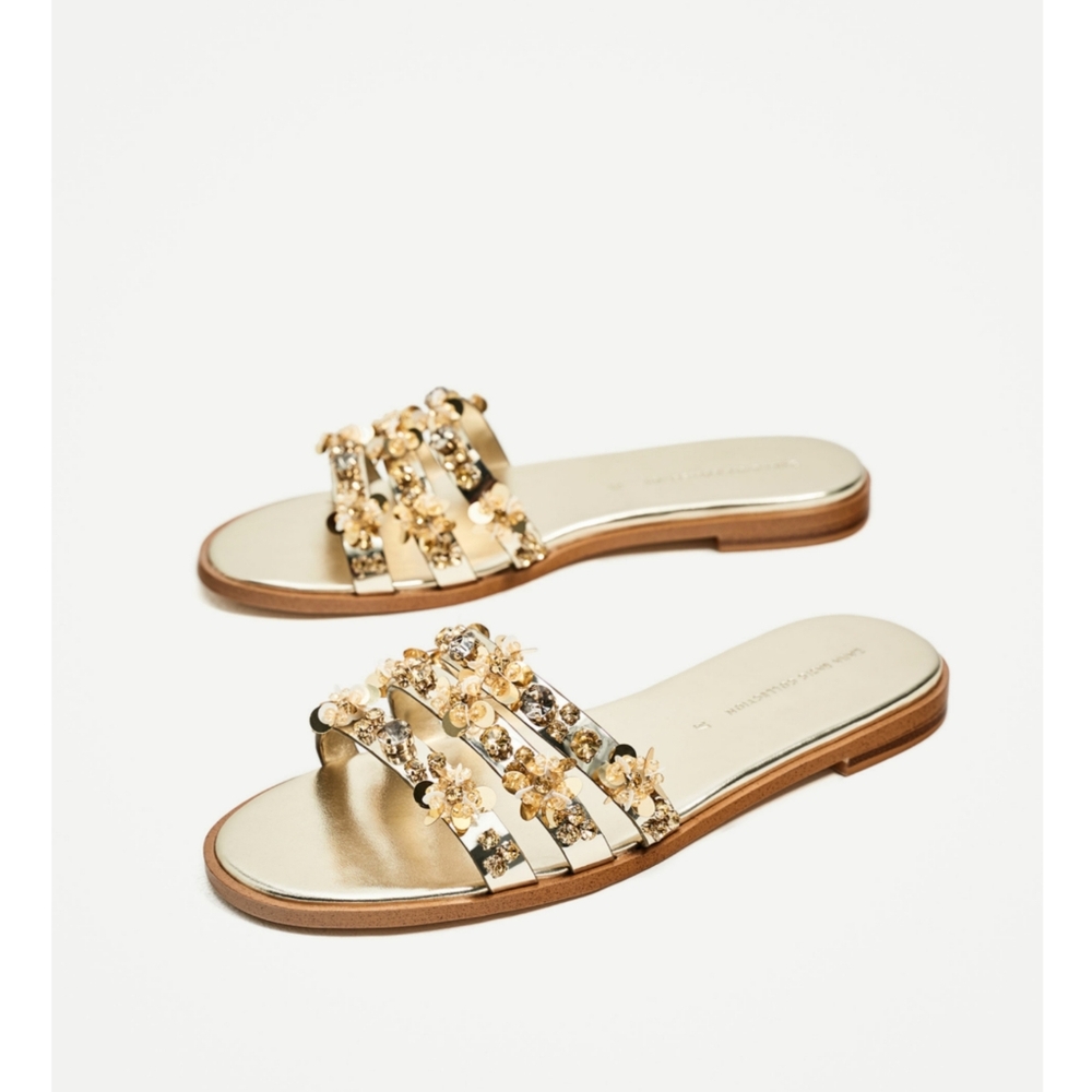 ZARA Gold Sequin Flower Flat Slide Sandals Multi Strappy Embellished Mules Sz 5
